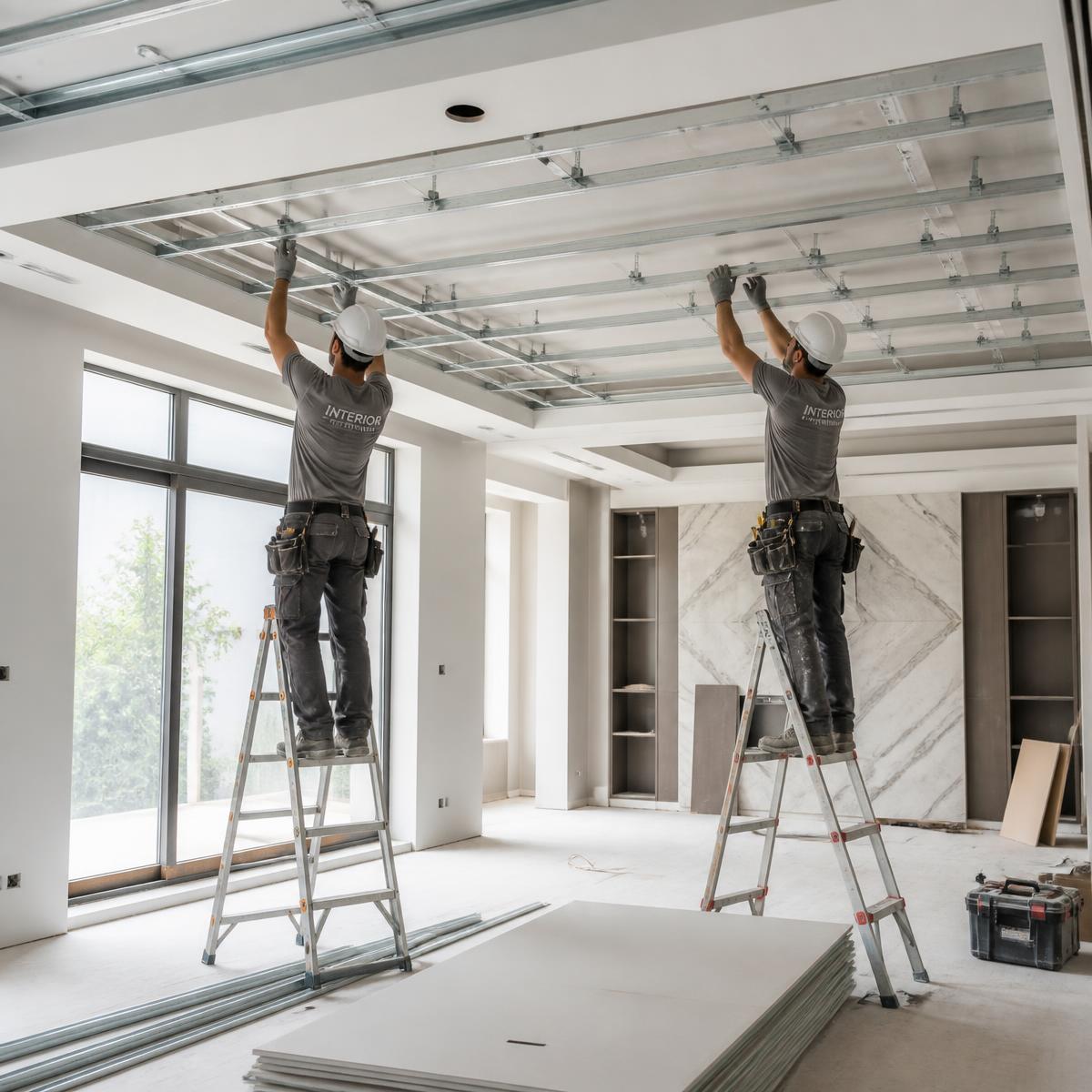 Technicians installing a gypsum ceiling framing system
