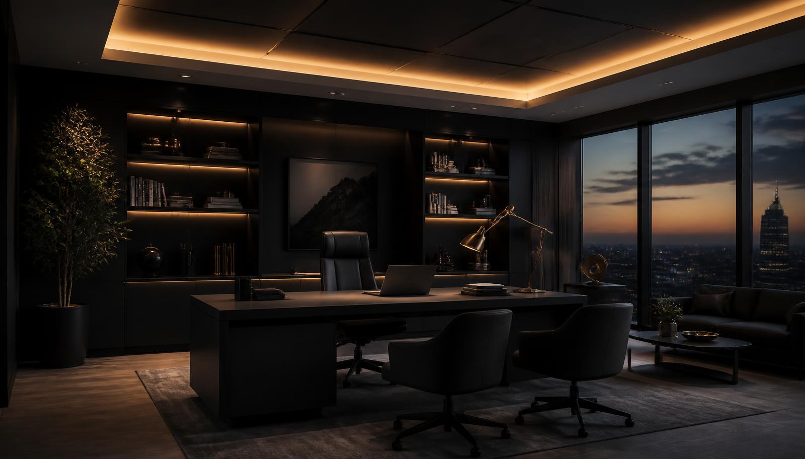 Elegant charcoal office interior with gold cove lighting